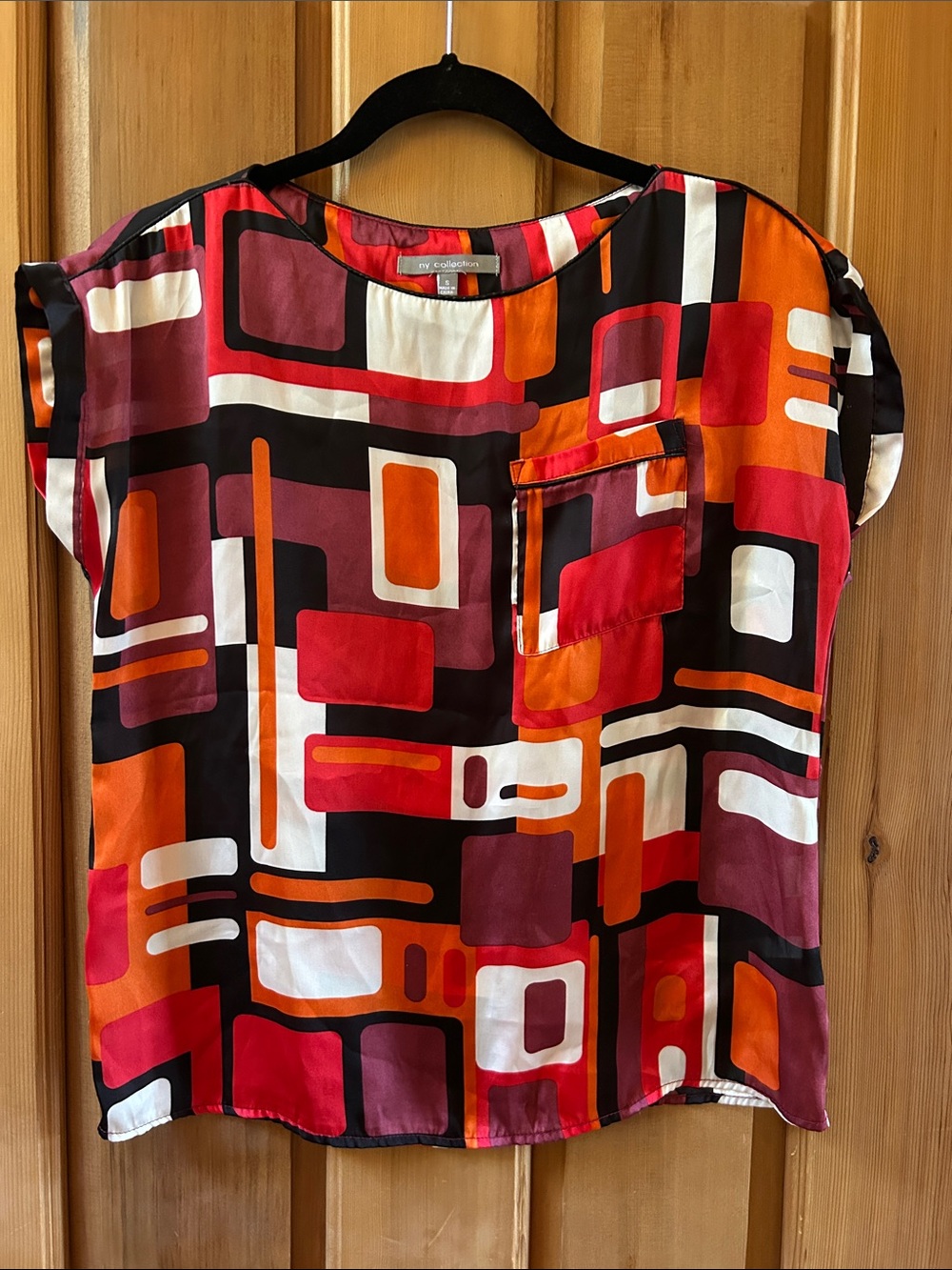NY Collection Geometric Print Blouse in Red, Orange, Black